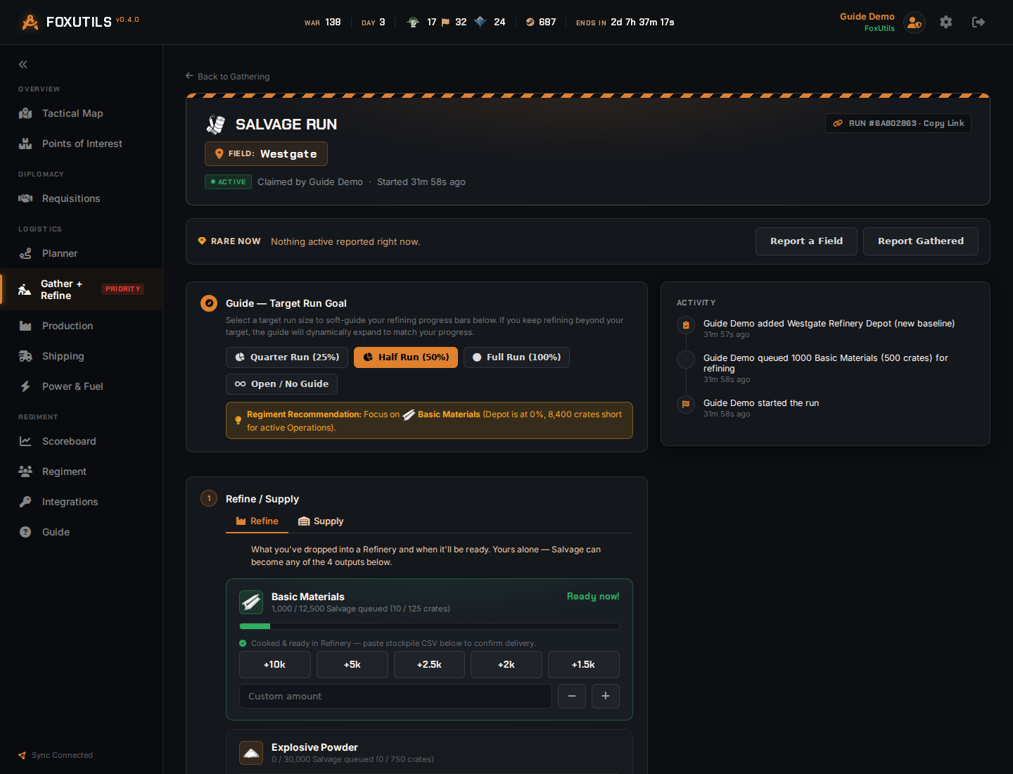 A real FoxUtils gathering run's Refine tab showing Basic Materials ready to collect