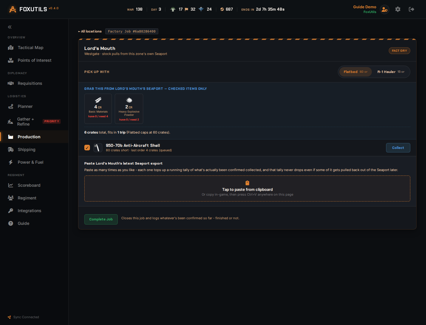 A real FoxUtils Factory job page showing a pickup checklist and a queued item's real progress