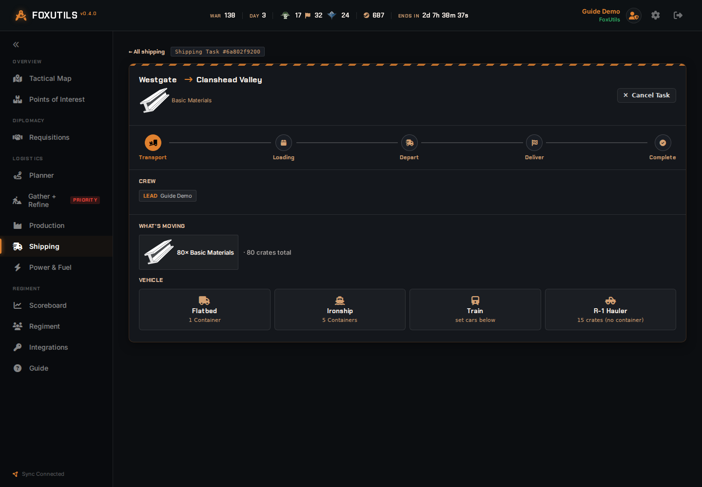 A real FoxUtils shipping task detail page showing the stage tracker and vehicle picker